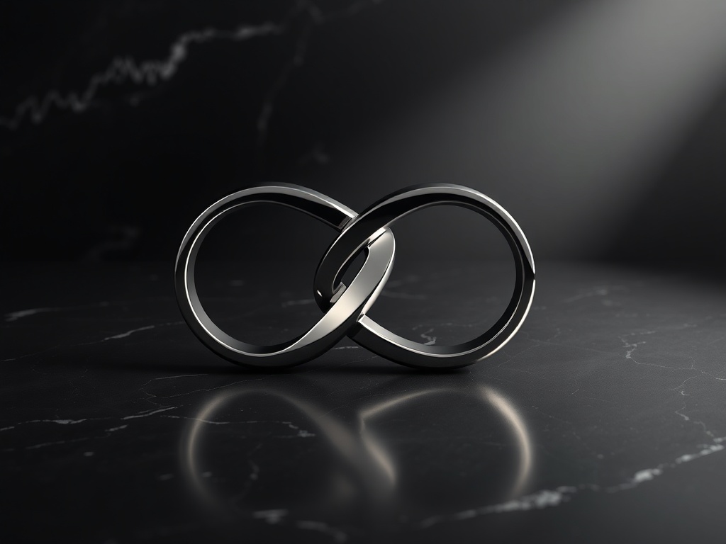 A polished metal abstract logo mark — two interlocking rings forming an infinity symbol. Placed on a dark marble surface with subtle reflections. Dramatic spotlight from above. 8k detailed render.