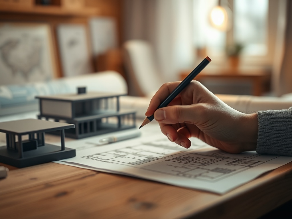 Blurred background of an architect's desk with blueprints and a scale model. Shallow depth of field focuses on a hand sketching with a pencil. Warm incandescent light. Photorealistic 8k, textures of paper and wood grain visible.