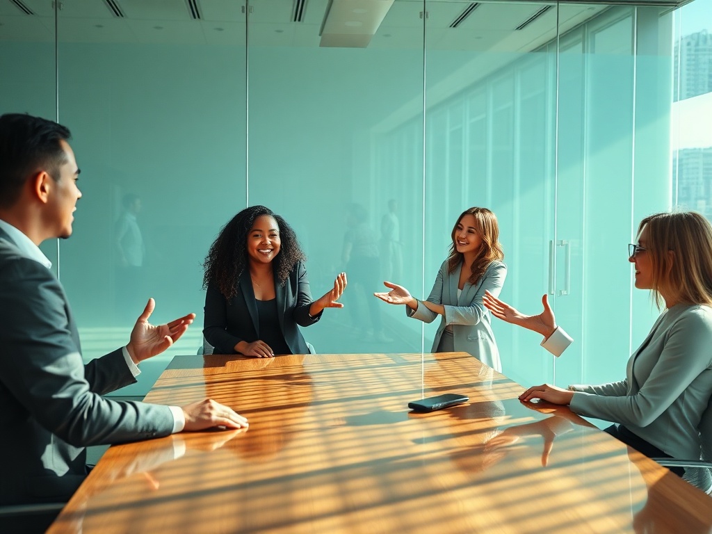 Cinematic 8k photograph of a diverse team of four professionals in a modern glass boardroom. Sunlight casts geometric patterns on the table. They are engaged in a lively discussion, gestures captured mid-motion. High-end corporate portrait style. Natural light, reflections on the glass wall.